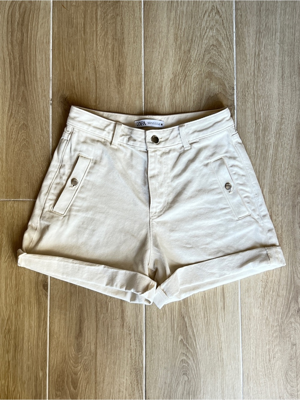 Zara Cream High-Waist Rolled-Hem Cotton Shorts